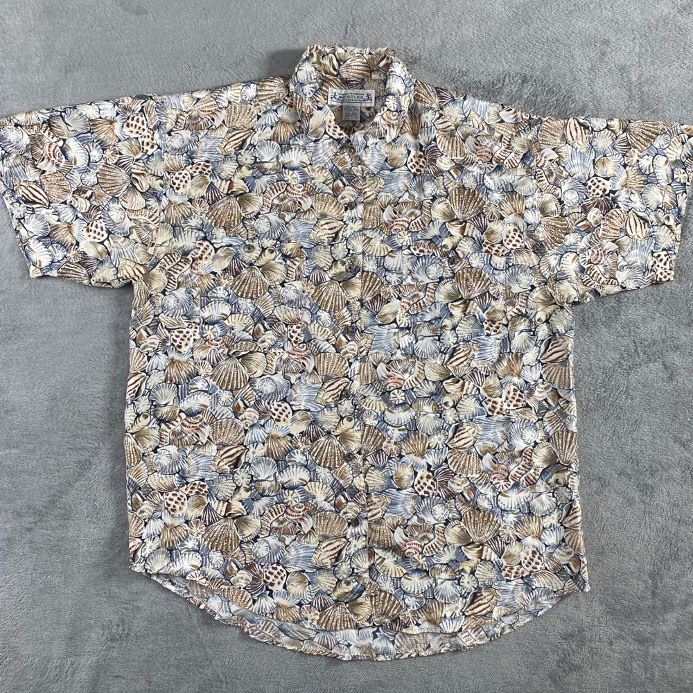 Whistles Button Up Silk Shirt Unisex L Tan Blue Seashell Print Short Sleeve Camp